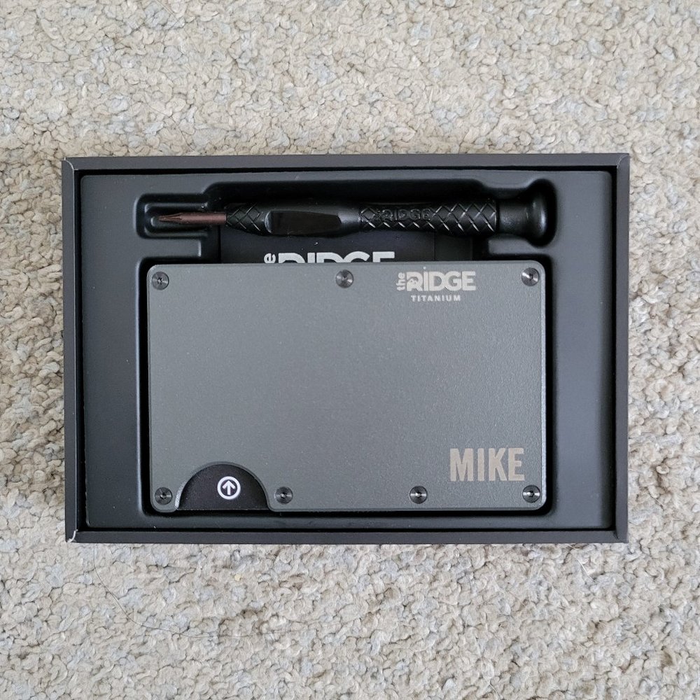 Ridge Wallet - Gunmetal Titanium with Cash Strap, Personalized: Mike